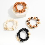 Wholesale two Wood Beaded Stretch Bracelets Brushed Gold Marble Bead Bracelets D