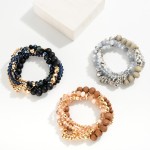 Wholesale set Four Mixed Media Beaded Stretch Bracelets Wood Faceted Metal Glass