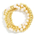 Wholesale set Five Beaded Stretch Bracelets Pearls Metal Tones D