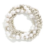 Wholesale set Five Beaded Stretch Bracelets Pearls Metal Tones D