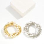 Wholesale set Five Beaded Stretch Bracelets Pearls Metal Tones D