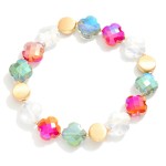 Wholesale beaded Stretch Bracelet Gold Tones Glass Crystal Clovers D