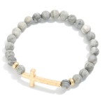 Wholesale stone Beaded Stretch Bracelet Hammered Metal Cross Station D