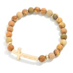Wholesale stone Beaded Stretch Bracelet Hammered Metal Cross Station D