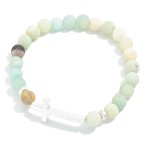 Wholesale stone Beaded Stretch Bracelet Hammered Metal Cross Station D