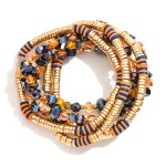 Wholesale set Six Beaded Stretch Bracelets Metal Tones Disc Faceted Beads D