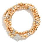 Wholesale set Three Metal Beaded Stretch Bracelets Textured Beads Clovers D