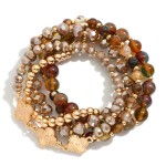 Wholesale set Five Beaded Stretch Bracelets Marble Beads Metal Tones Clovers D