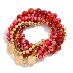 Wholesale set Five Beaded Stretch Bracelets Marble Beads Metal Tones Clovers D