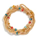 Wholesale set Five Beaded Stretch Bracelets Metal Tones Disc Beads L