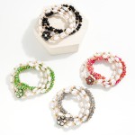 Wholesale set Five Beaded Stretch Bracelets Pearls Faceted Beads Ceramic Flower