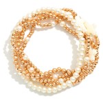 Wholesale set Five Beaded Stretch Bracelets Metal Tones Pearls East West Cross S