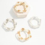 Wholesale set Three Beaded Stretch Bracelets Pearls Hammered Metal Clover Statio