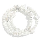 Wholesale set Three Beaded Stretch Bracelets Pearls Hammered Metal Clover Statio