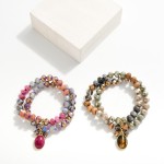 Set Of Two Natural Stone & Faceted Bead Stretch Bracelets With Natural Stone Charm Accent 

- Approximately 3.5" D