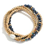 Wholesale set Four Beaded Stretch Bracelets Faceted Beads Metal Tones Rhinestone