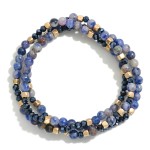 Wholesale set Three Beaded Stretch Bracelets Stone Faceted Beads Metal Tones D