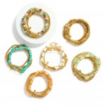 Wholesale set Five Beaded Bracelets Metal Tones Stone Disk Beads East West Cross