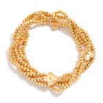 Wholesale set Five Metal Beaded Stretch Bracelets Textured Metal Clover Accent D