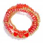 Wholesale set Five Beaded Stretch Bracelets Metal Tones Faceted Beads Hearts D