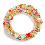 Wholesale set Five Beaded Stretch Bracelets Metal Tones Faceted Beads Hearts D