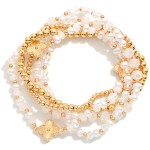 Wholesale set Five Beaded Stretch Bracelets Metal Tones Faceted Beads Clover Acc