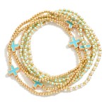 Wholesale set Seven Beaded Stretch Bracelets Metal Tones Pearls Enamel Criss Cro