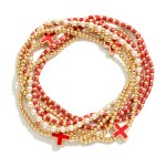 Wholesale set Seven Beaded Stretch Bracelets Metal Tones Pearls Enamel Criss Cro