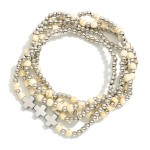 Wholesale set Five Beaded Stretch Bracelets Metal Tones Stone D