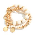Wholesale set Four Wood beaded Bracelets Gold Tones Coin Charms D