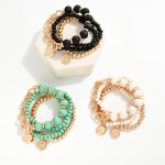 Wholesale set Four Wood beaded Bracelets Gold Tones Coin Charms D