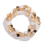 Wholesale set Three Square Beaded Stretch Bracelets Metal Tones Stone L