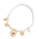Wholesale pearl Beaded Stretch Bracelet Vintage Porcelain Pink Rose Heart Charm