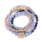Wholesale set Four Beaded Stretch Bracelets Metal Tones Stone Faceted Beads D