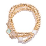 Wholesale set Three Metal Beaded Stretch Bracelets Pearl Enamel Clovers D