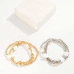 Wholesale set Three Metal Beaded Stretch Bracelets Pearl Flower Accents D