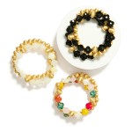 Wholesale set Three Beaded Stretch Bracelets Faceted Clover Beads Metal Tones D