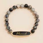 Stone Beaded Stretch Bracelet Featuring Vegan Leather "Blessed" Plate 

- Approximately 3" D