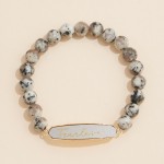 Stone Beaded Stretch Bracelet Featuring Vegan Leather "Fearless" Plate 

- Approximately 3" D