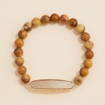 Stone Beaded Stretch Bracelet Featuring Vegan Leather "Grace" Plate 

- Approximately 3" D