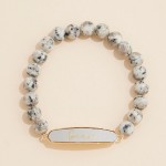 Stone Beaded Stretch Bracelet Featuring Vegan Leather "Grace" Plate 

- Approximately 3" D