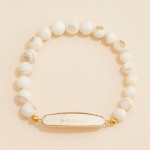 Stone Beaded Stretch Bracelet Featuring Vegan Leather "Grace" Plate 

- Approximately 3" D