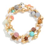 Wholesale set Three Beaded Stretch Bracelets Metal Stone Pearl Beads D