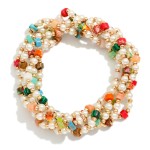 Wholesale set Five Beaded Stretch Bracelets Pearls Metal Tones Stone Disk Beads