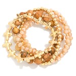 Wholesale set Five Beaded Stretch Bracelets Stone Metal Tones East West Cross Be