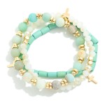 Wholesale set Three Beaded Stretch Bracelets Wood Stone Faceted Beads D