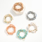 Wholesale set Four Beaded Stretch Bracelets Semi Precious Stone Metal Tones Face