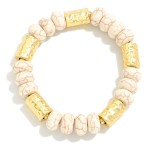 Large Cracked Stone Disk & Hammered Metal Tube Beaded Bracelet 

- Approximately 3.75" D