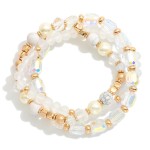 Wholesale set Three Beaded Stretch Bracelets Metal Tones Pearls Iridescent Beads