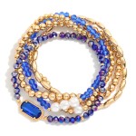 Wholesale set Five Beaded Stretch Bracelets Metal Tones Faceted Beads Glass Crys